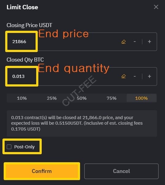Enter the limit order closing price and quantity